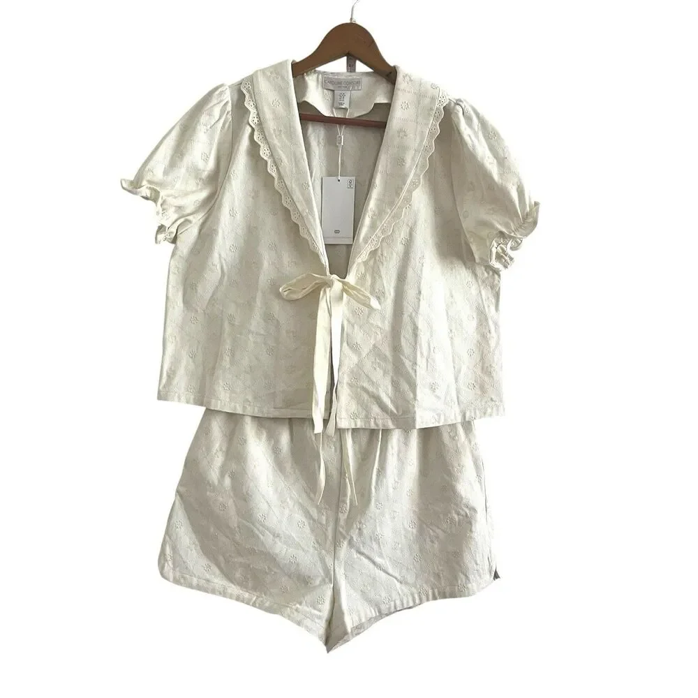 Caroline Constas Eyelet Denim Puff Sleeve Top Short Twin Set S Cream Costal NWT